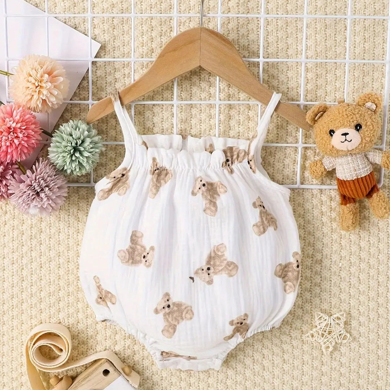 Teddy Bear Gauze Sleeveless Romper