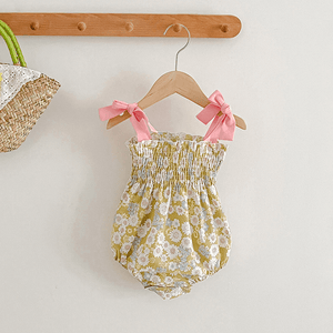 Floral Bloom Romper with Pink Bow Straps