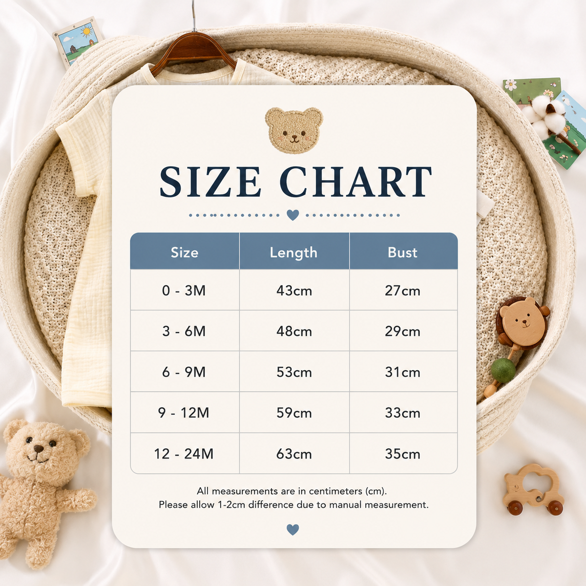 Size Guide - Baby Gauze Cotton Teddy Playsuit