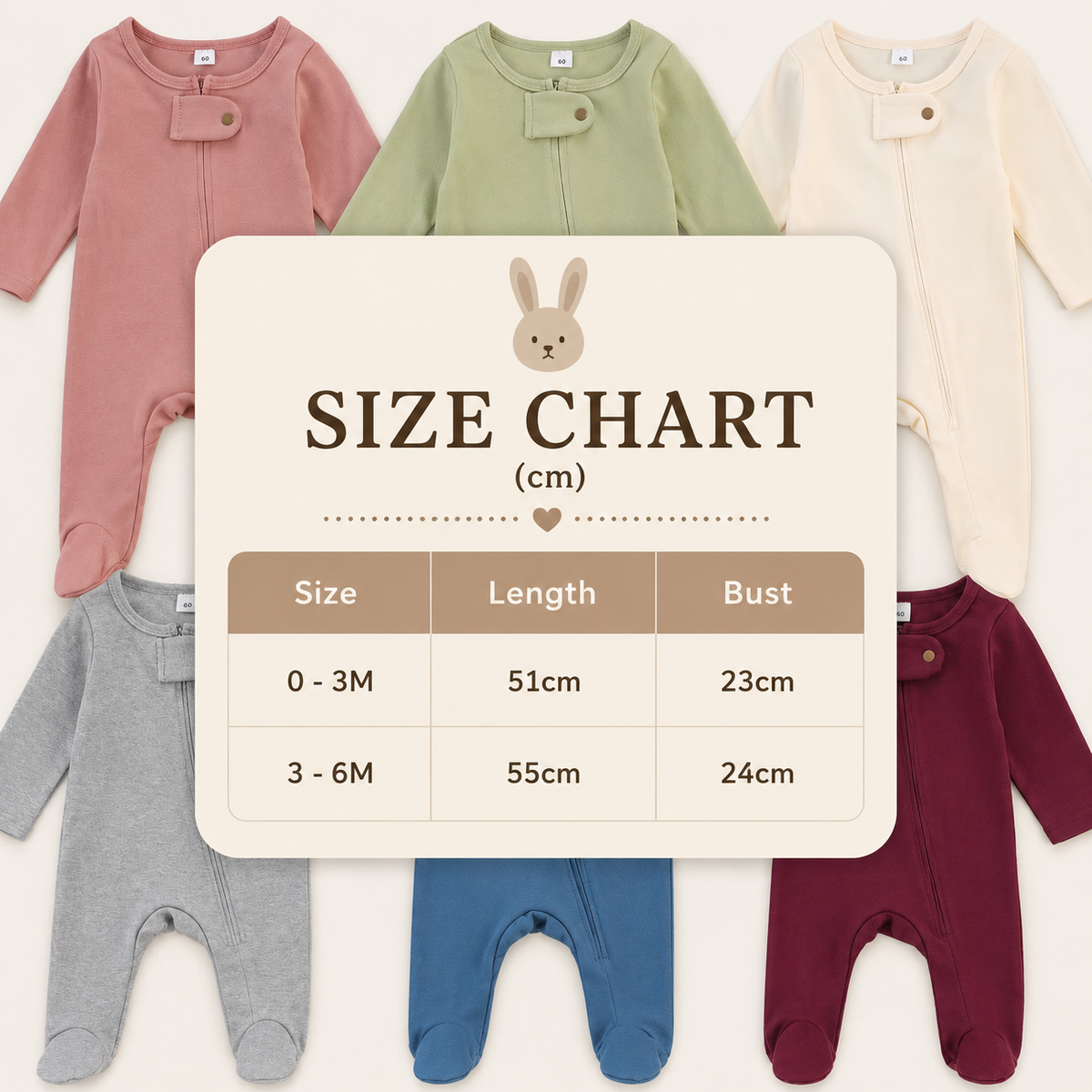 Size Guide - Baby Zip Footed Sleepsuit