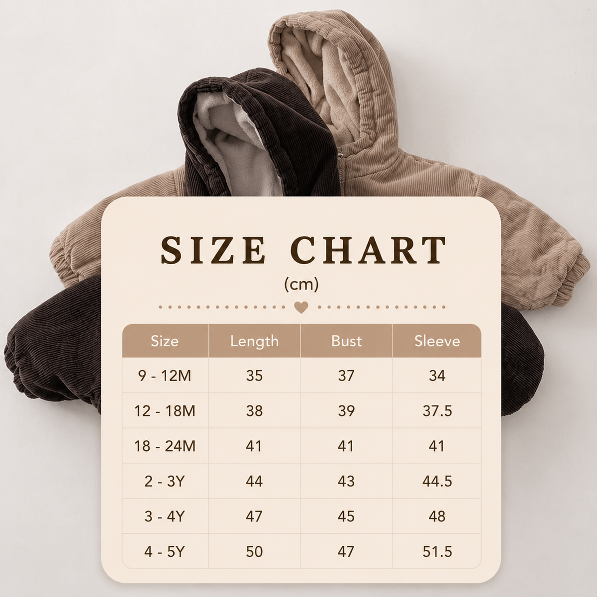 Size Guide - Corduroy hooded Zipper Jacket