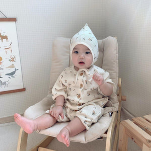 Round Neck Waffle Romper With Bonnet